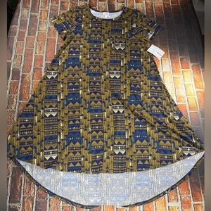 LuLaRoe Carly Dress with Blue and Gold Geometric Design